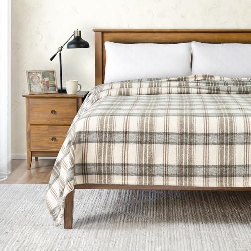 Poyet Motte Tahoe Plaid 450GSM 90% Virgin Wool / 10% Acrylic Blanket, Heavyweight, Machine Washable (Taupe, King (U.S. Standard))