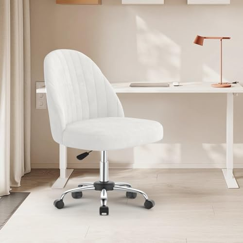 Drehstuhl Ohne Armlehnen, Homeoffice Stuhl, Schreibtischstuhl, höhenverstellbar, belastbar Atmungsaktiver Samt Velours, für Arbeitszimmer, Schlafzimmer, Arbeitszimmer, Schminktisch (Beige, small)