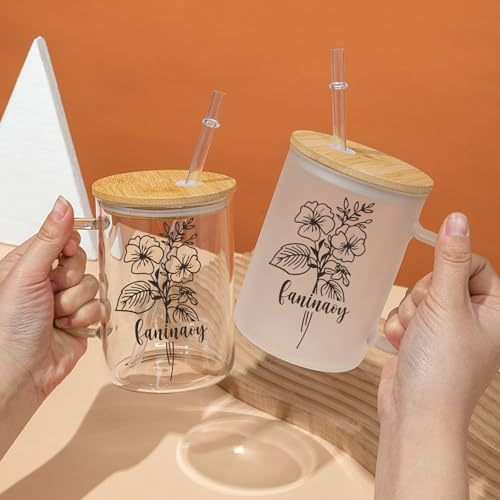 Drawelry Tazza in vetro con nome personalizzato a forma di fiore di nascita, tazze a forma di lattina con coperchio e cannuccia, bicchiere da birra per caffè freddo, tazza carina, regalo di Natale e