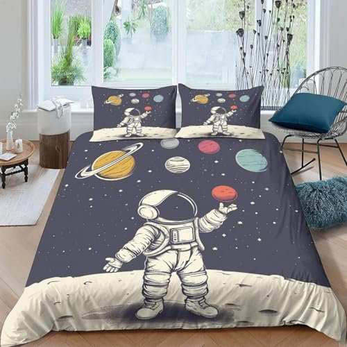 Kinder Bettwäsche Bettbezug Set 3D Druck Astronauten-Weltraum 3 Teilig 135X200 Cm Mikrofaser Bettwäsche Set Mit Reißverschluss Und 2 Kissenbezug - Anti-Allergie Anti-Fading Pflegeleich -18785346287415