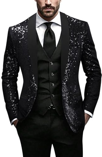Minetom Blazer À Paillettes pour Homme Brillant Coupe Ajustée Un Bouton Veste De Costume pour Les Fête Mariage Affaires Disco Party Club A Noir XL