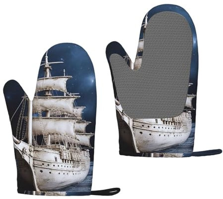 Silikon-Ofenhandschuhe, hitzebeständig, dicke Baumwolle, gefüttert, Kochhandschuh, 2 Stück, lang, flexibel, wasserdicht, Vintage, nautisch, weiß, Schiff, Küchenhandschuhe für Grillen, Backen