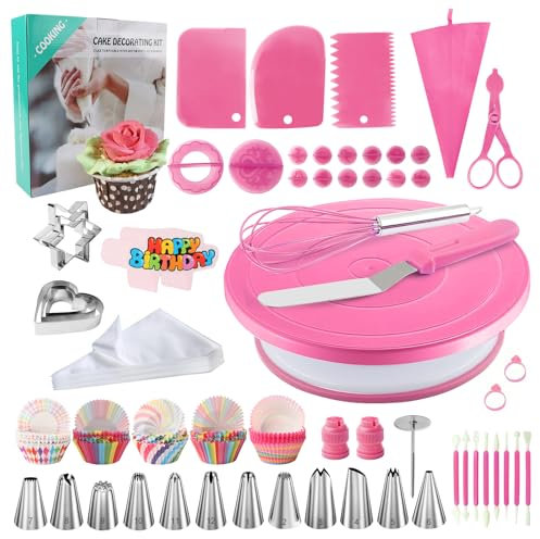 253 PCS Cake Decorating Kit, Rotating Cake Turntable Cake Stand, Professionals Cake Decorating Tools with Piping Bags, 12 Stainless Steel Icing Nozzles, DIY Baking Tools Baking Supplies for Beginners