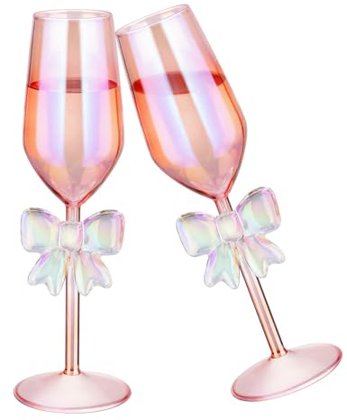 NiHome 2-Pack Pink Iridescent Champagne Flutes with Bow Base for Women, 10.5oz/310ml Handcrafted High Borosilicate Glasses, Elegant Rainbow Glassware for Wedding Party Celebration
