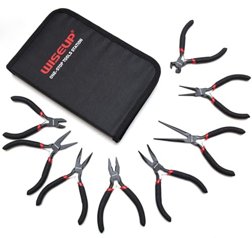 WISEUP 8-Piece Mini Pliers Set，Needle, Round, Flat, Long, Bent Nose, Diagonal, End Cutting & Linesman Pliers for Crafting, Electronics & Jewelry Making，with Pouch