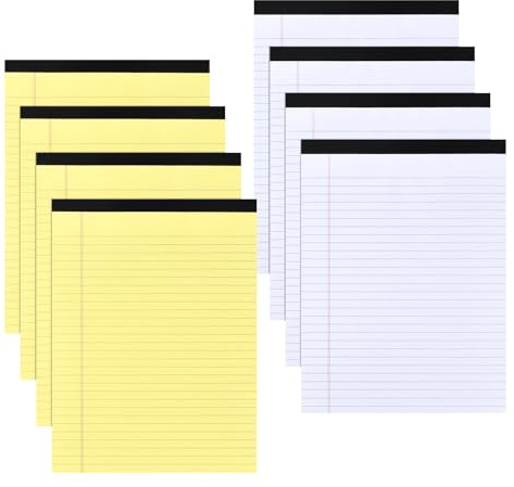 Färgade Legal Pads A4, Skrivblock, Högskolereglemente Legal Pad, Linjerat papper Bredt reglerat 29,5 x 21,4 cm, Blockanteckningsbok 50 ark för skola, högskola, kontor, företag (8-pack, Gul + Vit)