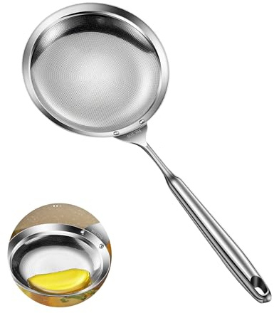 Cucchiaio per schiumarola, extra large, in acciaio inox, per zuppe, pasta e frittura, filtro grasso di pancetta con impugnatura ispessita (diametro 15,9 cm)
