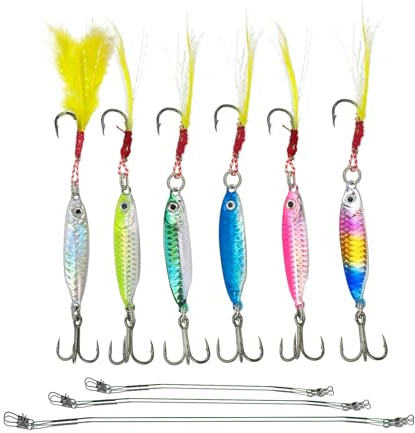 Kit de 6 señuelos de Pesca de 7 g, cucharillas de señuelos metálicos para Pesca en el mar, con 6 líderes de Alta Resistencia para lucios, Carpas, truchas, percas, bagres y Peces mandarín.