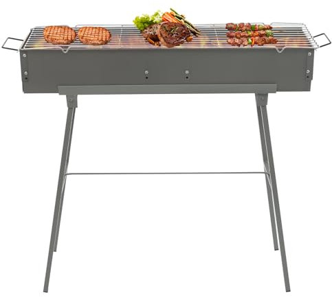 Barbecue a carbonella in acciaio inox, portatile, pieghevole, valvola ad aria regolabile, accessori completi, griglia a carbone per esterni, terrazza, campeggio, barbecue, grigio, 80 x 18 x 13 cm