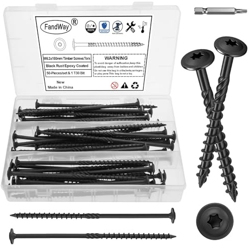 FandWay Lot de 50 vis à bois robustes à tête gaufrée Torx, revêtement époxy rouillé avec embouts étoile T30 pour construction extérieure de charpente - 6,3 x 150 mm (noir)