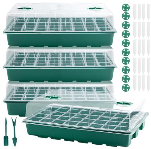 JEUIHAU Seed Trays, 4 Pack 160 Cells Propagator Growing Plastic Plant Seedling Tray with Clear Lids Adjustable Vents, Seed Propagator Kit for Greenhouse Plant Germination