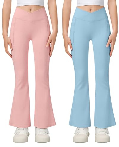 KAKU NANU 2 st utsvängda leggings flickor yogabyxor 7-14 år V kors hög midja med fickor sport dans joggingleggings svart marinblå brun grå rosa lila, Rosa ljusblå, 13-14 År