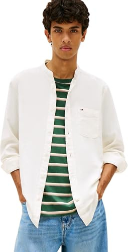 Tommy Jeans Uomo Camicia Linen con Colletto alla Coreana, Bianco (Ecru), S