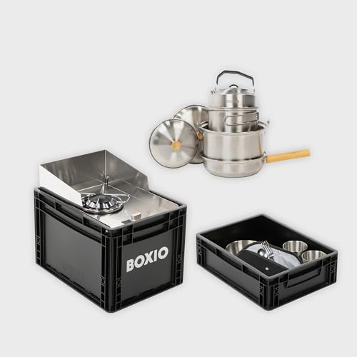 BOXIO - COOK Max+: Campingkök komplett set med förvaringsutrymme, vindskydd, campingkrukset och campingporslin, gaspatroner campingkök för camping, utomhus, Vanlife och som patronkokare