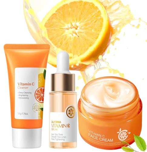 3PCS Vitamin C Cream Skincare Kit,Vitamin C Moisturiser for Face, Facial Cleanser, Anti-Aging Serum for Women & Men, Day & Night Cream to Even Skin Tone, Boost Collagen, Reduce Fine Lines