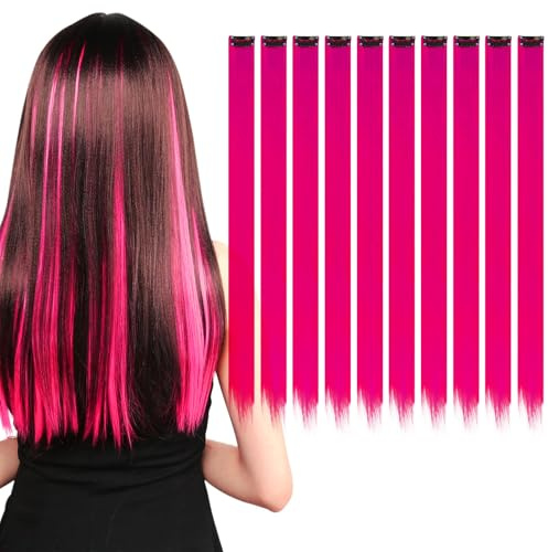 KAIYAYA Extension per capelli con clip, 10 ciocche di capelli con clip, capelli veri per ragazze, donne, feste (rosso rosa)