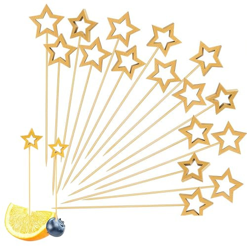 AstraGlam 100 Stück Goldstern Cocktailspieße, Spieße Fingerfood, Holzspieße, Dekorative Zahnstocher, 12cm Bambusspieße Holz Lebensmittelspieße für Vorspeisen Getränke Obst Käseplatten Garnierungen
