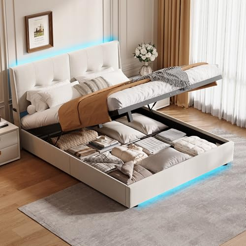 Poeahu Polsterbett Doppelbett 140x200 cm, Jugendbett mit Stauraum und LED, Boxspringbett mit Hydraulisches Bettkasten, Stauraumbett Bettgestell mit Lattenrost, Samt, Ohne Matratze (Beige, 140x200 cm)