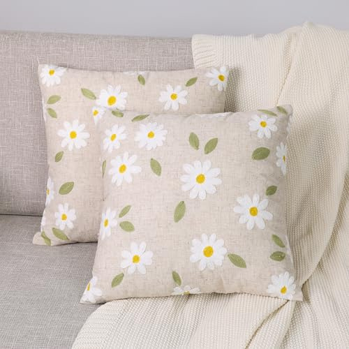 YINFUNG Spring Floral Cushion Covers Embroidered Daisy Set of 2 Linen Decorative Throw Pillow Cases for Couch Boho Farmhouse Textured Pillow Covers 18x18in (Daisy, 45x45cm)