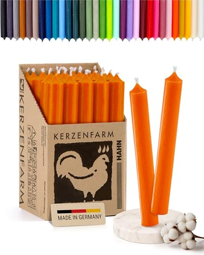 Stabkerzen 10 Stück, 18cm x 2,2cm, Premium Qualität - Deutsche Manufaktur, Kerzenfarm Hahn - lange Brenndauer (8+ Stunden) RAL-Zertifiziert, durchgefärbte Spitzkerzen (Orange)