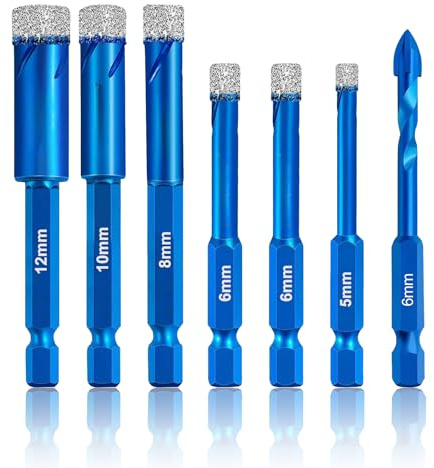 7 PCS Diamond Drill Bit, 5 6 8 10 12mm Hex Shank Tile Drill Bits Dry Drilling Bits Set Multi-Functional Porcelain Tile for Granite Ceramic Marble Stone and More