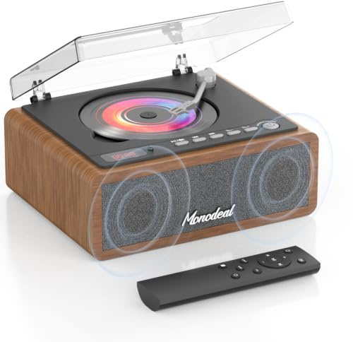 MONODEAL Lecteur CD rétro, lecteurs CD vintage en bois pour la maison, marron noyer