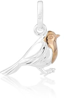 Gemma J Solid 925 Sterling Silver Robin Charm with 14ct Rose Gold Breast, Robin bird charm compatible with most charm bracelets