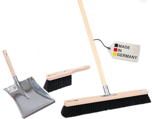 BawiTec Profi Kehrbesen Set Kehrset Besen 60cm Saalbesen #0808 Stiel Ø28mm,Holzstiel Länge 140cm,Handfeger 28cm,Metall-Kehrschaufel mit Holzgriff,feine weiche Kunsthaar-Borsten,Industriebesen