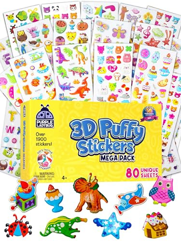 PURPLE LADYBUG 2000 PCS 3D Puffy Stickers for Children - 80 Unique Kids Sticker Sheets Featuring Animals, Dinosaurs & Letters - Party Bags & Classroom Rewards