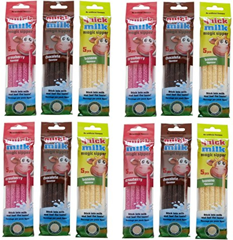 Quick-Milk Magic Sipper Trinkhalme, 60 Stück, Erdbeere/Schokolade/Banane | 4x 5 Halme je Geschmack, für Instant-Milchshakes