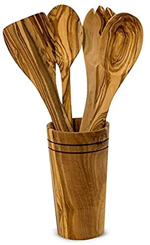 Olivenholz 5tlg Kochen Holz Küchenutensilien-Set mit Halterung, inkl. Spatel, Kochen/mischen Salat Löffel, Gabel und Löffel mit Halter