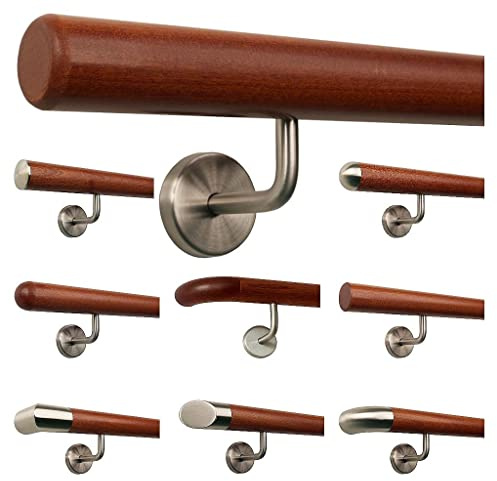 TIBU - Corrimano in legno di mogano, corrimano per scale con supporti angolari in acciaio inox, lunghezza 30-500 cm in un unico pezzo, lunghezza 120 cm con 2 supporti - estremità con raggio fresato