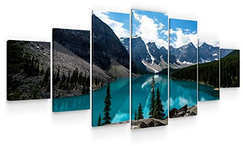 Startonight Leinwandbild XXL Klarer See Zwischen den Bergen - Leinwandbilder Moderne Kunst - Landschaft Wanddeko Kunstdrucke, Wandbilder 7 Teile 100 x 240 cm, Tag Nacht Groß Bild
