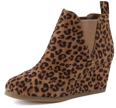 Dunes Women's Zoey Wedge Bootie, Soft Vegan Suede, Easy Slip-On Design, Memory Foam, Wide Widths Available, womens ankle boots low heel, LEOPARD 9.5W