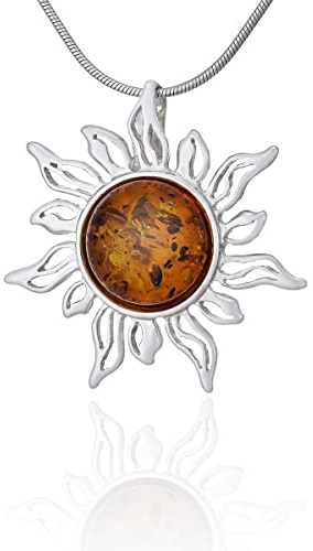 AMBEDORA Collier Femme Argent 925 Finition Argent Brillant avec un nanorevêtement protecteur Rond Pendentif Ambre Naturel de la Baltique Ambre Soleil sur une Chaîne comme Coffret Cadeau