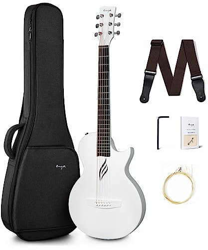Enya Nova Go Akustik Gitarre aus Kohlefaser Acoustic Guitar 1/2 Gitarre für Anfänger, Konzertgitarre, Akustikgitarre mit Gitarrentasche, Gitarrengurt, Putztuch, Saite (Weiß)