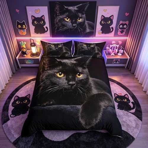 Loussiesd Set de ropa de cama con diseño de gatos para mascotas, tamaño King, funda de edredón con patrón de gatitos bonitos para niños, juego de ropa de cama de microfibra ligera, decoración