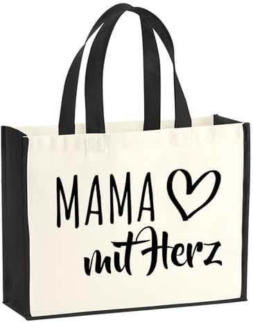 Huuraa Jutetasche Mama mit Herz Geschenk | Großer Shopper 21 Liter Juteshopper Black Tasche aus Jute und Baumwolle Einkaufstasche Geschenkidee Tragetasche mit Motiv