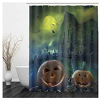 Banemi Duschvorhang Beschwerer, Bunter Duschvorhang Orange Grün Kürbisschloss Fledermaus 90X180cm für Eck Dusche mit 12 Duschvorhangringen