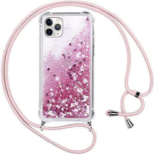 Vauki handyband für iPhone 11 Pro Hülle mit Band,Silikon Durchsichtig Transparent Flüssig Glitzer mit Kette Kordel Bumper Treibsand Necklace TPU Schutzhülle Case für iPhone 11 Pro,Rosa