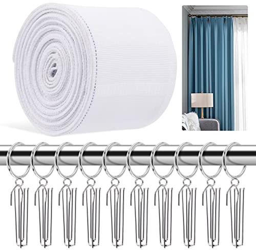 Glarks Juego de 41 Cintas Plisadas de Cortina Que Incluye Cinta Plisada Blanca de 5.5 m con 30 Ganchos plisadores de Cortina de Acero Inoxidable de 4 Puntas y 20 Anillos de Cortina para Cortinas