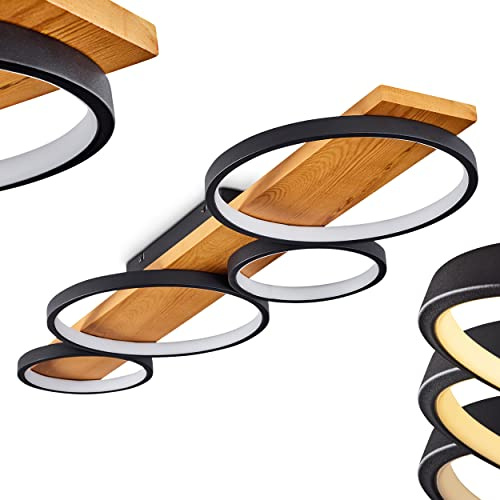 HOFSTEIN LED Deckenleuchte Rodekro, dimmbare Deckenlampe aus Metall/Holz in Schwarz/Natur, dimmbar über Lichtschalter, moderne Leuchte mit Holzbalken, 44 Watt, 3000 Kelvin, 5100 Lumen, Wohnzimmer