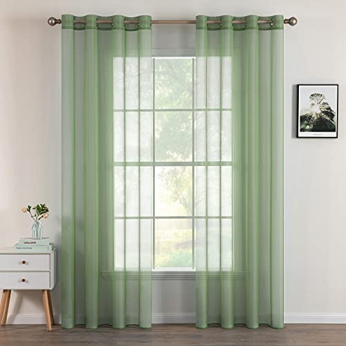 MIULEE 2er Set Voile Vorhang mit Ösen Transparente Gardine aus Voile Polyester Ösenschal Transparent Wohnzimmer Luftig Dekoschal für Schlafzimmer Grau Grün 225 x 140cm H x B, Grommet Top