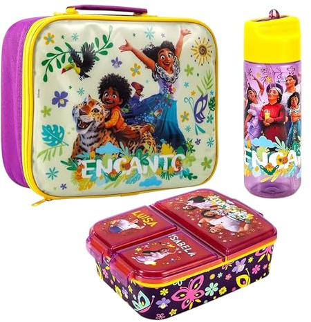 Encanto Kids Lunch Box Set – School & Travel Snack Boxes Set of 3 | Insulated Lunch Bag, Lunch Box with Compartments & 580ml Water Bottle, Lunch Bag & Box Gift Set for Boys & Girls | BPA Free