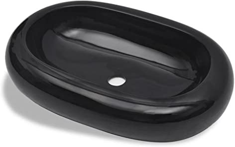 Waschbecken Oval Aufsatzwaschbecken für das Badezimmer und Gäste-WC, Waschschale ohne Hahnloch und ohne Überlauf, Aufsatzbecken Handwaschbecken, Schwarz 63 x 42 cm