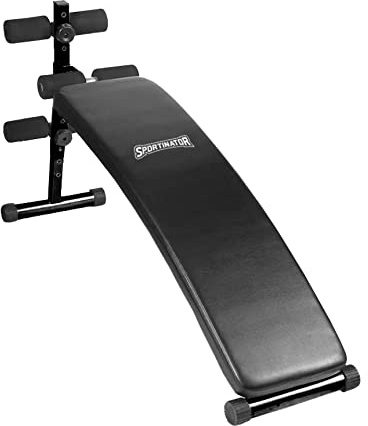 SPORTINATOR® Sit Up justerbar träningsbänk med torkbart konstläderöverdrag, tre hållare, inklusive 2 motståndsband. För olika styrketräningsövningar i ditt hemmagym (svart)