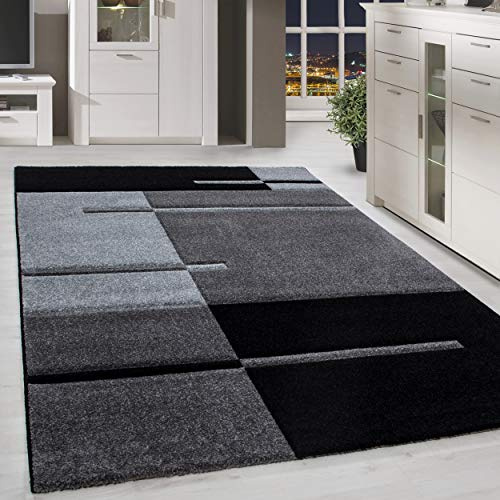 HomebyHome Teppich 140x200 cm Kurzflor Konturenschnitt in Schwarz Grau Kariertes Design, Waschbar, Pflegeleicht, Extra Weich Für Wohnzimmer, Schlafzimmer, Esszimmer