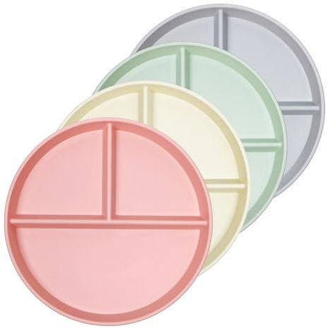 greenandlife Lot de 4 Assiettes Divisées, 22.8cm Assiette Plastique Reutilisable，Plate à Compartiments Incassable pour adultes, sans BPA，Passe au Micro-Ondes et au Lave-Vaisselle
