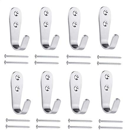 Mokife Patere Murale Porte Manteau, 8 Crochets Muraux Inox Brossé Lourd Métal Petit J Crochet Simple pour Suspendre des Vêtements Vestes Peignoirs Serviettes Chapeaux Clés Sacs Tasses, Argent