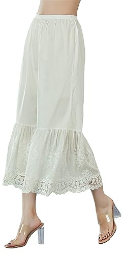 EAUTELICATE Capri Pantalon De Pyjama Femme Été Jupon sous-Jupe en 100% Coton Vintage Pantacourt Longue Ample Évasé à La Maison avec Dentelle Ivoire Crème